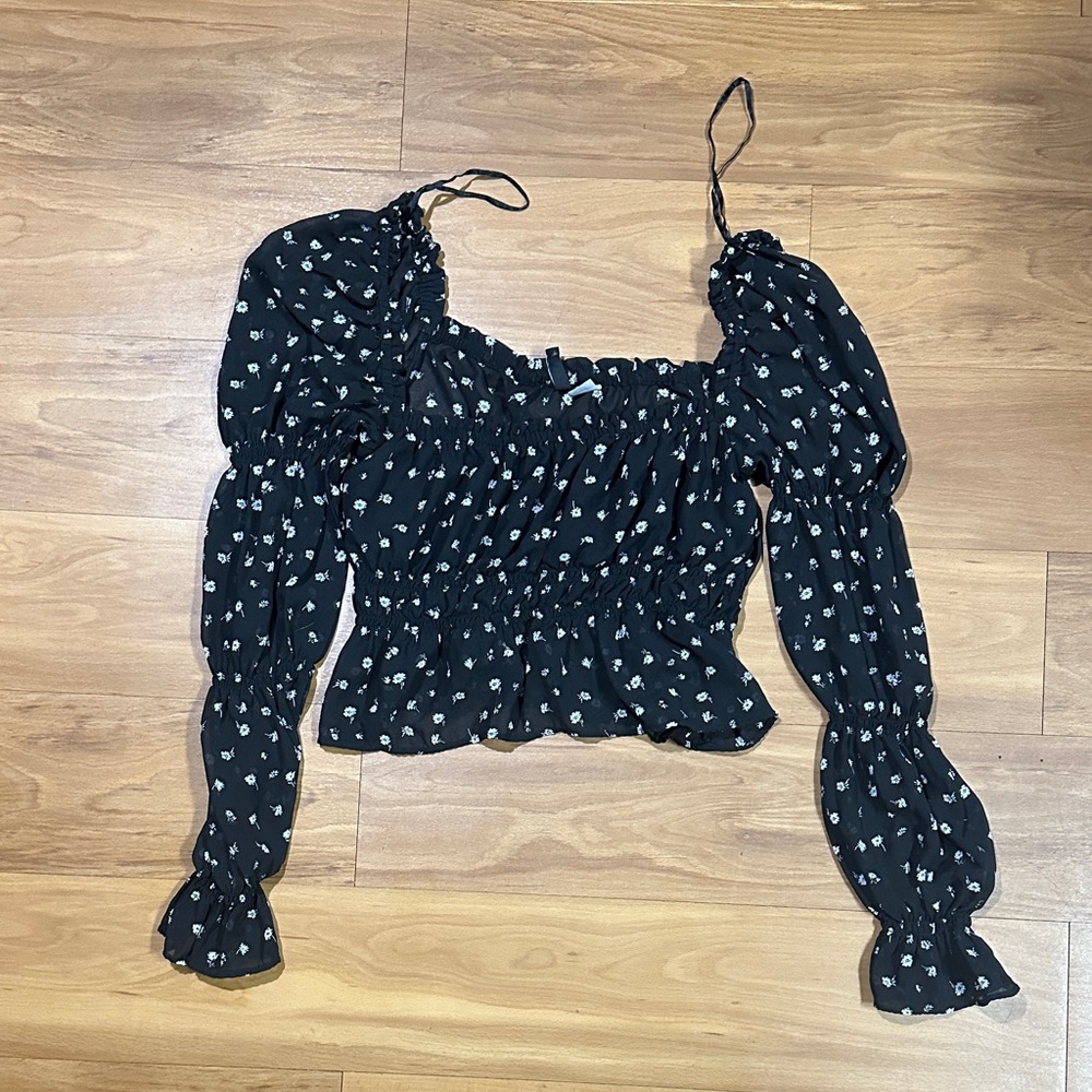 H&M Black Blouse with White Floral Pattern